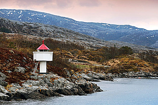 挪威,灯塔,白色,塔,红色,上面,站立,沿岸,石头