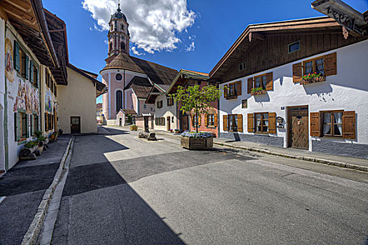 教区教堂,米滕瓦尔德,乡村,街道,夏天,巴伐利亚,上巴伐利亚,德国