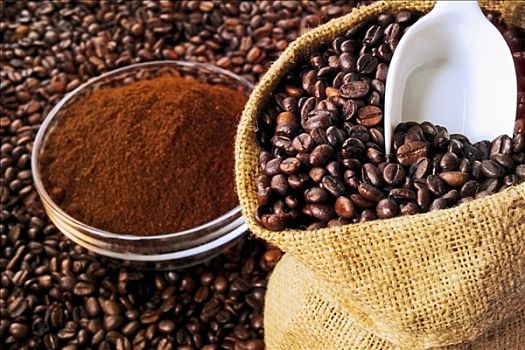 咖啡豆,袋,地面,咖啡