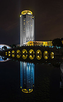 夜景,市民广场,大厦,桥