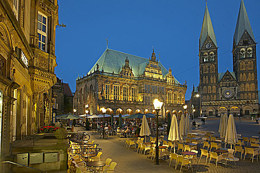 德国,不莱梅,市场,市政厅,建筑,大教堂,晚间