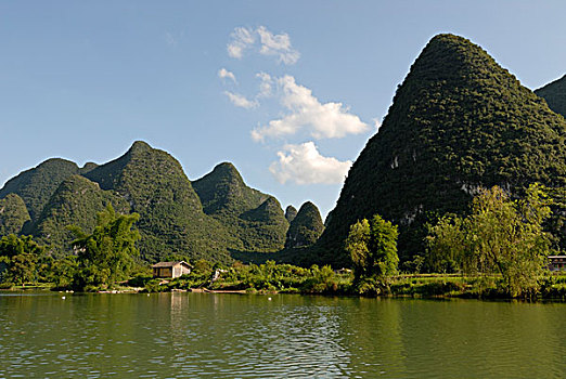 喀斯特地貌,石头,玉龙,河,竹子,木质,捕鱼,小屋,阳朔,桂林,广西,亚洲