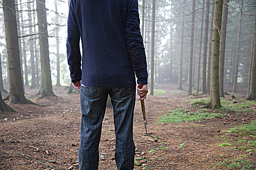 男人,牛仔裤,拿着,斧子,右边,手,模糊,高山,树林,捷克共和国