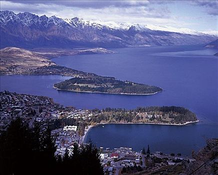 湖,山峦,一对,皇后镇,奥塔哥,新西兰