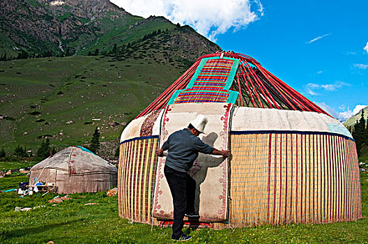 吉尔吉斯斯坦,省,山谷,蒙古包,住宅区,支持,局部,屋顶,植物,棍,建筑