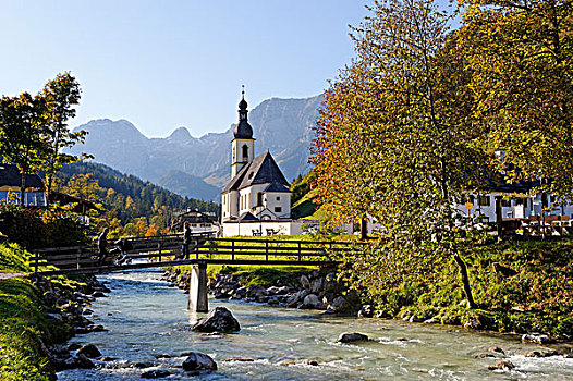 教区教堂,疼痛,河,正面,山峦,贝希特斯加登地区,上巴伐利亚,德国,欧洲