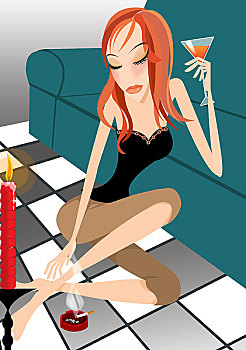 时尚插画,室内,坐在地板上,烟灰缸,香烟,红酒,高脚杯,红蜡烛,沙发,女子