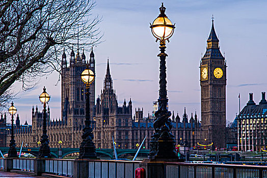 英格兰,伦敦,维多利亚,堤,议会大厦,大本钟,黎明