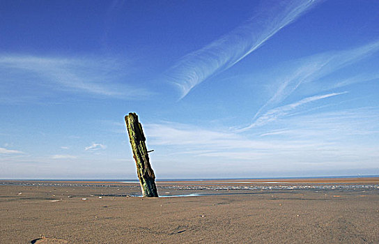 浩大,空,沙,海滩,一个,防波堤,柱子,倚靠,左边,蓝色,天空,云