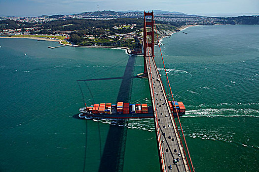 美国,加利福尼亚,旧金山,集装箱船,金门大桥,旧金山湾,俯视
