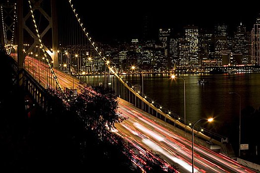 美国,加利福尼亚,旧金山,海湾大桥,夜晚,岛屿