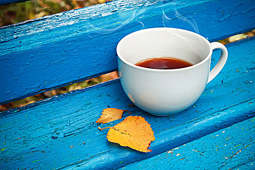 白色,杯子,红茶,老,蓝色,木制长椅,秋天,聚焦,浅,旧式,照片,复古