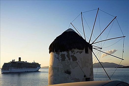 传统风车,海岸,游船,背景,米克诺斯岛,基克拉迪群岛,希腊