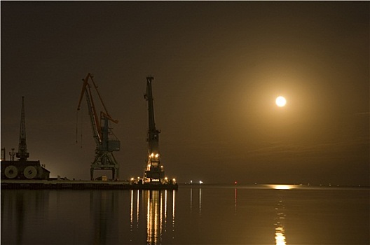 起重机,巴库,港口,夜晚,月亮