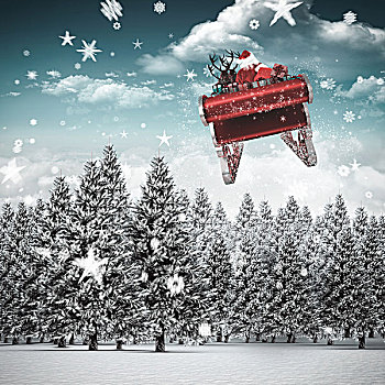 合成效果,图像,圣诞老人,飞,雪撬,雪景,冷杉