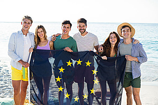 朋友,拿着,欧盟盟旗,岸边,海滩,头像,高兴