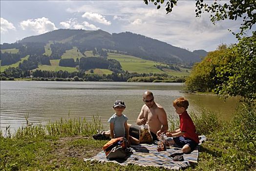 家庭,野餐,湖,东方,斯瓦比亚,巴伐利亚,德国,欧洲