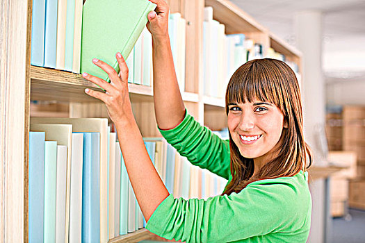学生,图书馆,高兴,女人,选择,书本,书架