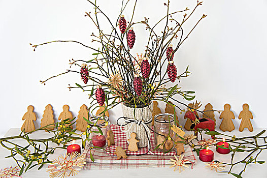 圣诞节,花束,红色,冷杉松果,玻璃,装饰,稻草,星,槲寄生,杏仁饼干