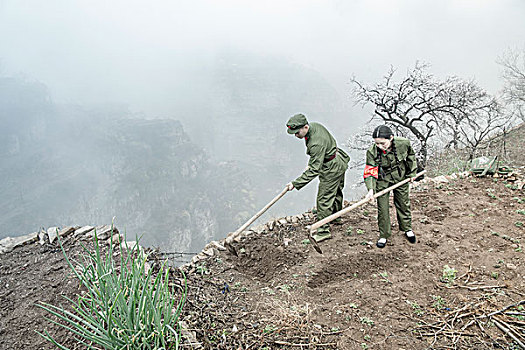 剧情,山村,山地,锄头,干活,杏花,雾