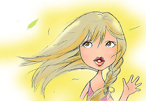 儿童插画,小女孩,辫子,吹散,头发