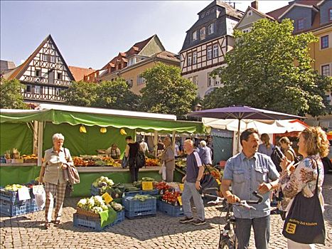 德国,耶拿,城市,大学,绿色,河,9世纪,市场,区域,葡萄种植,蔬菜,水果,销售,购物者,正面