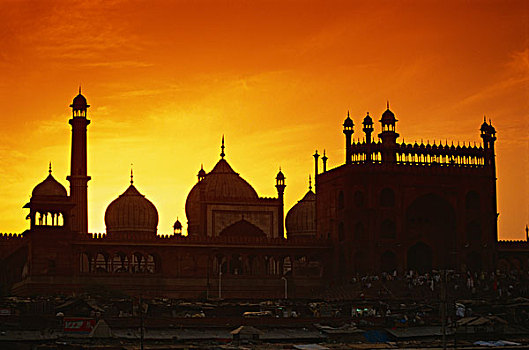 印度,老德里,贾玛清真寺,日落