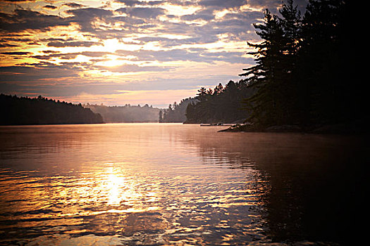 景色,日出,湖,早晨,北安大略,加拿大
