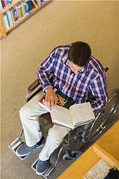 男人,轮椅,读,书本,图书馆