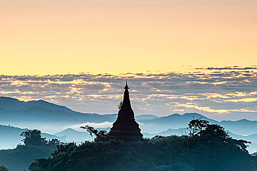 塔,围绕,树,雾气,早晨,亮光,地区,若开邦,缅甸,亚洲