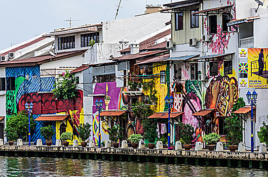 明亮,涂绘,房子,马六甲,河,地区,马来西亚,亚洲