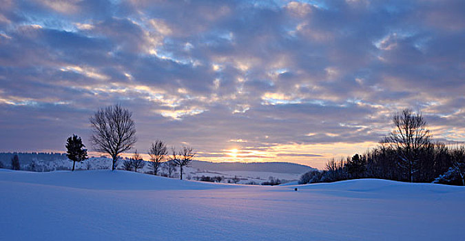 全景,风景,日出,早晨,冬天,普拉蒂纳特,巴伐利亚,德国
