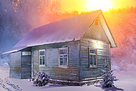 老,木屋,树林,寒冬,季节,红色,落日余晖