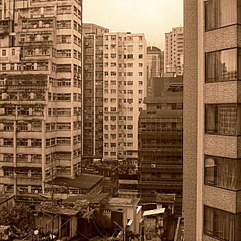 中国,香港,九龙,高层建筑,深褐色,亚洲,城市,城市化,房子,公寓楼,阴郁,建筑,生活方式,水泥,单调,荒凉,窗户