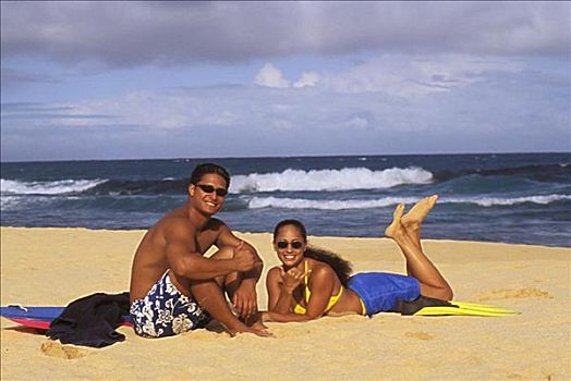 年轻,夏威夷,伴侣,海滩