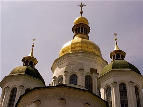 乌克兰,基辅,大教堂,三个,圆顶,金色,太阳,蓝天,2004年