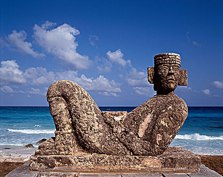 玛雅,查克莫,雕塑,海滩,坎昆,尤卡坦半岛,墨西哥