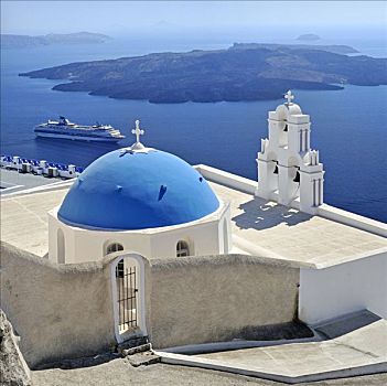 教堂,靠近,小教堂,蓝色,球形,屋顶,锡拉岛,基克拉迪群岛,希腊,欧洲