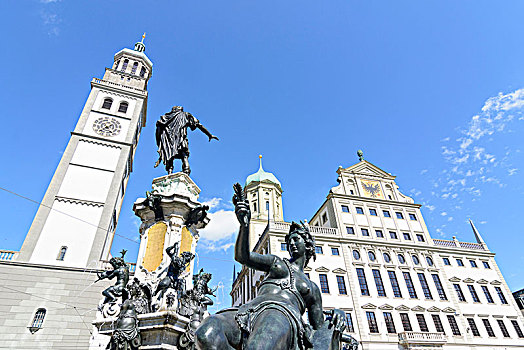 奥格斯堡,喷泉,塔,市政厅,斯瓦比亚,巴伐利亚,德国