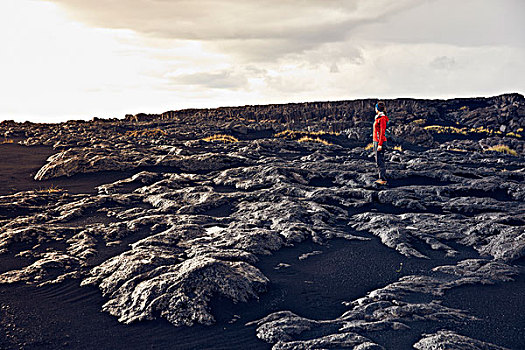 女人,地点,火山岩,靠近,火山口