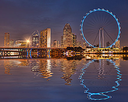 飞行者摩天轮,天际线,反射,水,码头,湾,新加坡城,新加坡,亚洲