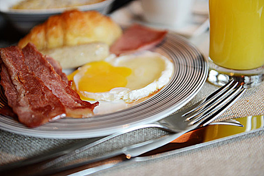 早餐,熏肉,煎鸡蛋,橙汁