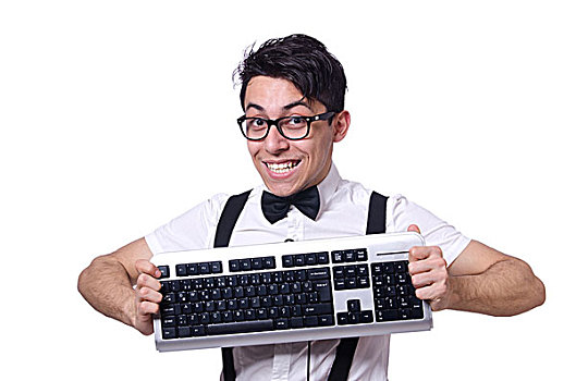 呆痴,黑客,电脑键盘,白色背景