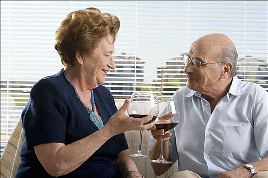 老年,夫妻,喝,葡萄酒