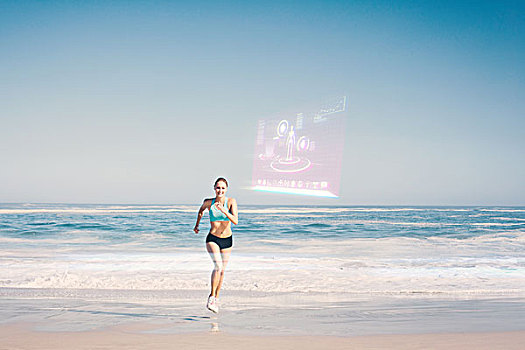 健身,女人,慢跑,海滩