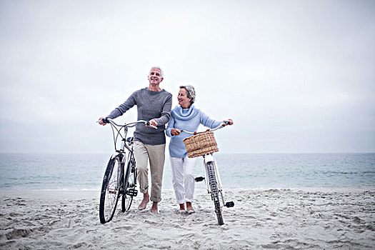 老年,夫妻,乘,自行车,海滩