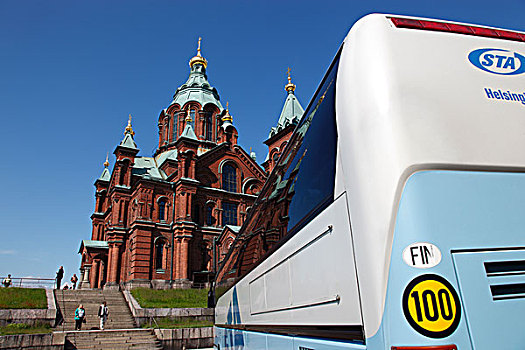 芬兰,赫尔辛基,北方,港口,旅游巴士,反射,大教堂,巴士,窗户