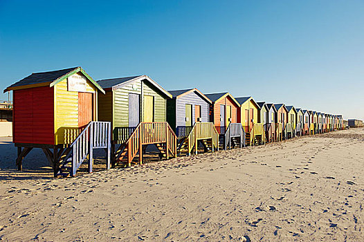 排,彩色,海滩小屋,海滩