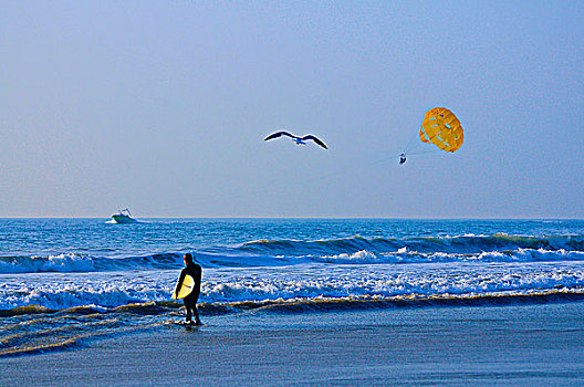 男人,冲浪板,站立,边缘,海洋,滑翔伞,背景
