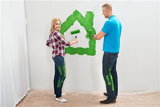 情侣,描绘,绿色,家,墙壁